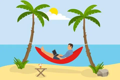 A man is lying in a hammock on the beach. A man with a laptop Stock Illustration