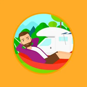 Man lying in hammock in front of motor home. Stock Illustration