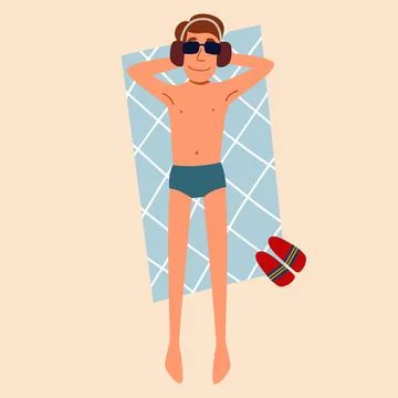 A man is lying on his back and sunbathing on the sand. Illustrazione stock