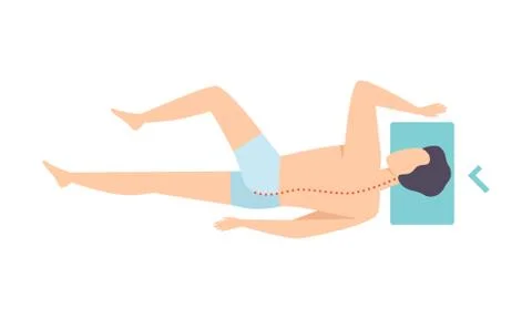Man lying on his back, view from above, correct sleeping posture for neck and Illustrazione stock