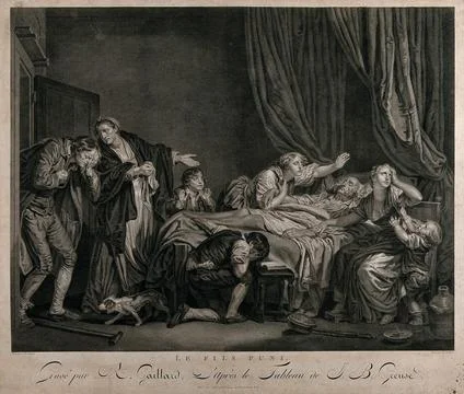 A man is lying on his deathbed surrounded by his wife and children; his eld.. Stock Illustration