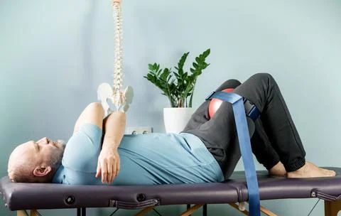 A man lying on the massage table in constructive rest postion with foam roller Stock Photos