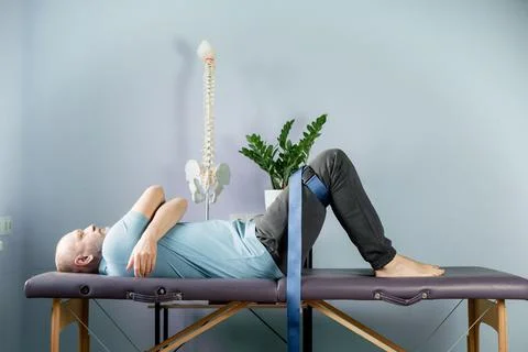 A man lying on the massage table in constructive rest postion with foam roller Foto stock