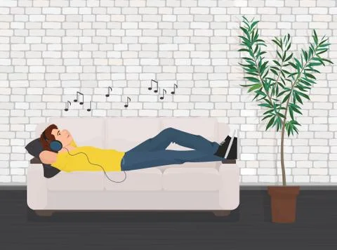 Man lying relaxing on the sofa couch and listen music. 스톡 일러스트