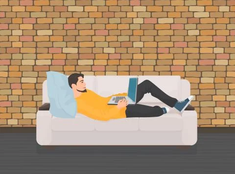 Man lying relaxing on the sofa couch and using laptop. Stock Illustration