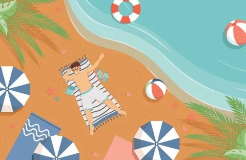 Man lying on the sand beach vector flat illustration. Summer vacation, tropical Stock Illustration