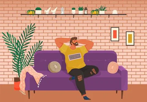 Man lying on sofa in apartment. Happy young guy relaxing, dreaming. Rest on Stock Illustration
