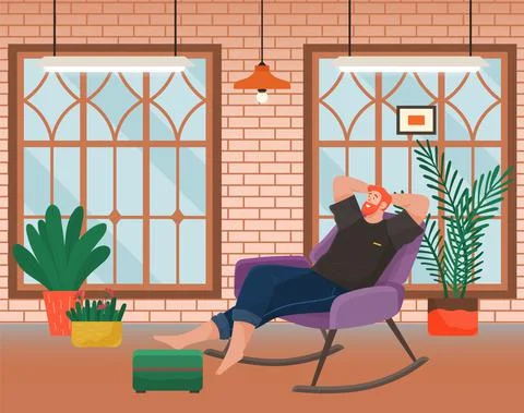 Man lying on sofa in apartment. Happy young guy relaxing, dreaming. Rest on Stock Illustration