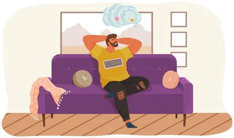 Man lying on sofa in apartment. Happy young guy relaxing, dreaming. Rest on Stock Illustration
