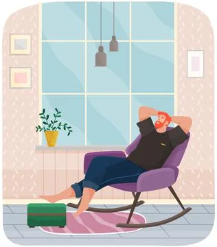 Man lying on sofa in apartment. Happy young guy relaxing, dreaming. Rest on Stock Illustration