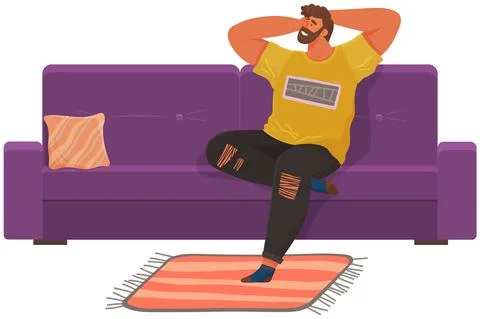 Man lying on sofa in apartment. Happy young guy relaxing, dreaming. Rest on Stock Illustration