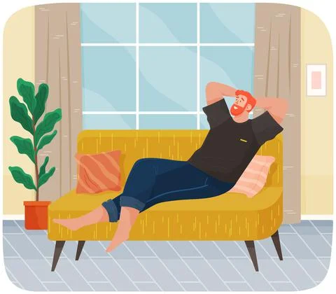Man lying on sofa in apartment. Happy young guy relaxing, dreaming. Rest on Stock Illustration