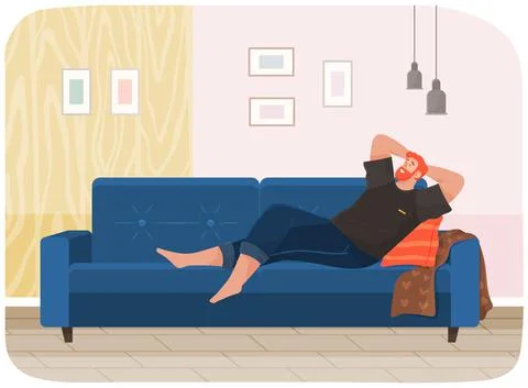 Man lying on sofa in apartment. Happy young guy relaxing, dreaming. Rest on Stock Illustration