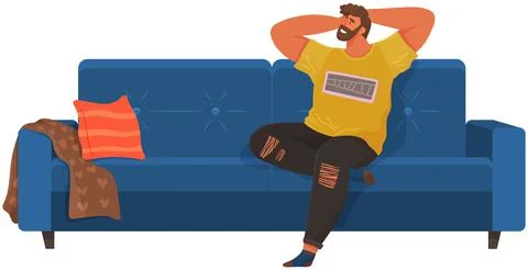 Man lying on sofa in apartment. Happy young guy relaxing, dreaming. Rest on Stock Illustration