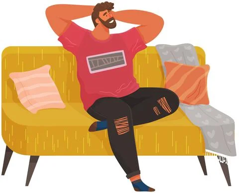Man lying on sofa in apartment. Happy young guy relaxing, dreaming. Rest on Stock Illustration