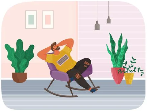 Man lying on sofa in apartment. Happy young guy relaxing, dreaming. Rest on Stock Illustration