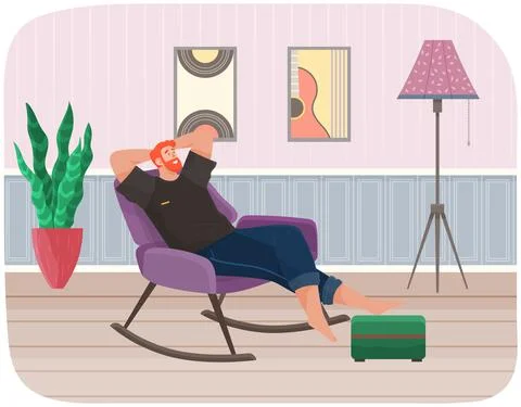 Man lying on sofa in apartment. Happy young guy relaxing, dreaming. Rest on Stock Illustration