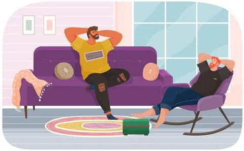 Man lying on sofa in apartment. Happy young guy relaxing, dreaming. Rest on Stock Illustration