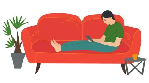 A man lying on the sofa, holding a smartphone. Relaxing at home concept vector Stock Illustration