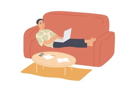 Man lying on the sofa with laptop. イラスト素材