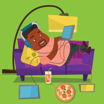 Man lying on sofa with many gadgets Stock-Illustration