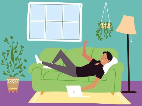 Man lying on a sofa watching on a computer, indoor activities Stock Illustration