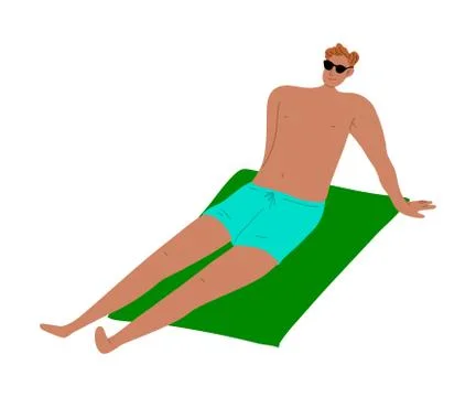 Man lying sunbathing on towel at the beach and relaxes. Vector colorful Stock Illustration