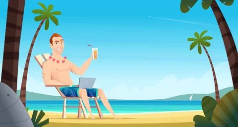 Man lying on sunbed with notebook,drinks tropical cocktail. Remote work Stock Illustration