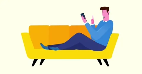 Man lying on yellow sofa with phone isolated Stock Footage 334495000