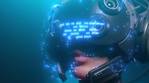 Man machine close-up look around with the effect of a holographic display Stock Footage 291921609