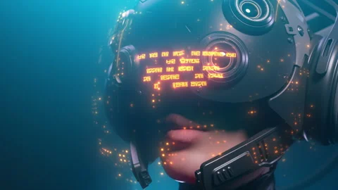 Man machine close-up look around with the effect of a holographic display Stock Footage 291921683