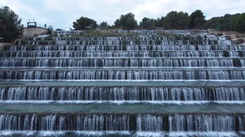 Man made beautiful large waterfall with many stairs. Stock Footage 234441865