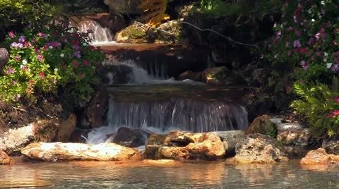 Man-made Garden Waterfall Flowing Stock Footage 18007451