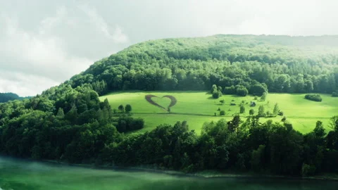 Man-made heart shape on green uphill. Love sign for planet Earth. Stock-Footage 134409848