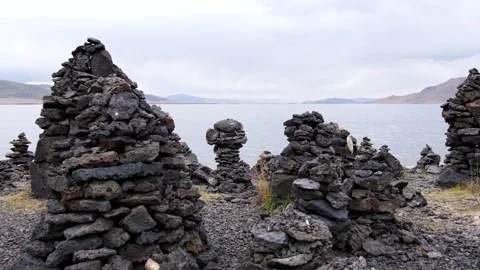 Man-made stone pillars, menhirs, made of volcanic rocks. Stock Footage 285183426
