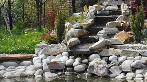 Man-made stream, waterfall in garden Stock Footage 37307298
