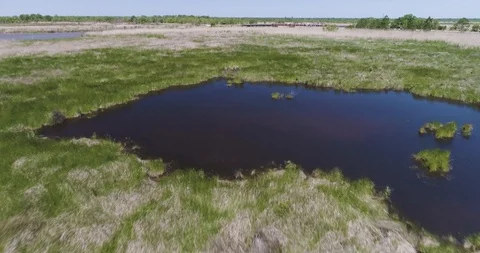 Man made structures in a marshland environment from grass level drone aerial 4K Stock Footage 111364740