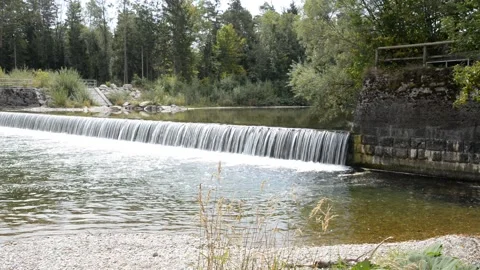 Man-Made Waterfall on River in Austria Stock Footage 204909240