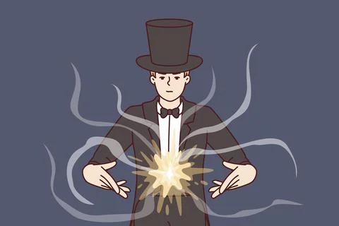Man magician demonstrates magic tricks to entertain guests of circus or Stock Illustration