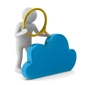 Man with magnifier and cloud on white background. Isolated 3D image Stock Illustration