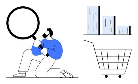 Man with Magnifying Glass Analyzing Data with Shopping Cart and Bar Graph Illustrazione stock