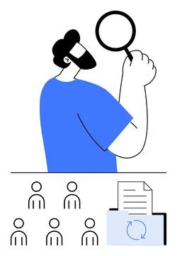 Man with Magnifying Glass Analyzing Data with Audience and Document Symbol Stock Illustration