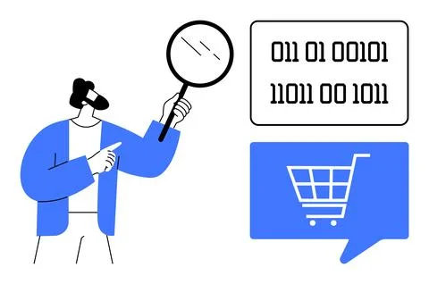 Man with magnifying glass examining binary code and shopping cart symbol in.. Stock Illustration