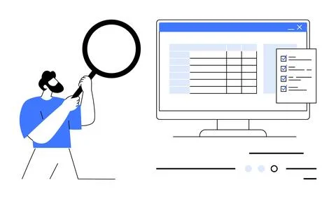 Man with magnifying glass examining data on computer screen with checklist Stock Illustration