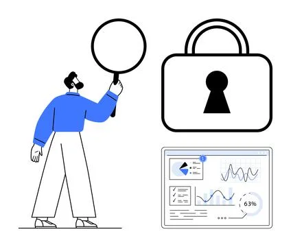 Man with magnifying glass examining data analysis and cybersecurity infograph Stock Illustration
