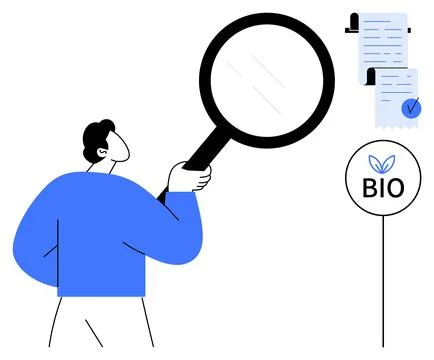 Man with Magnifying Glass Examining Documents and Bio Label Stock Illustration
