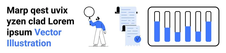 Man with Magnifying Glass Examining Documents and Chart Showing Progress Bars 스톡 일러스트