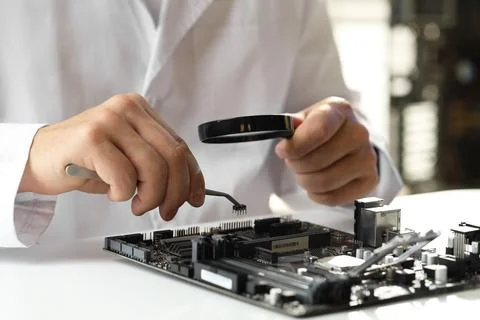 Man with magnifying glass installing computer chip onto motherboard at whit.. Stock-Fotos