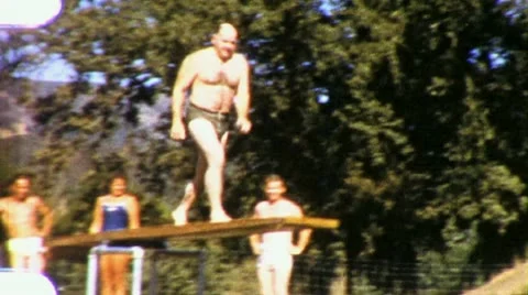 Man Makes Big Splash Diving Board Swimming Pool 60s Vintage Film Home Movie 1829 Stock Footage 10566667