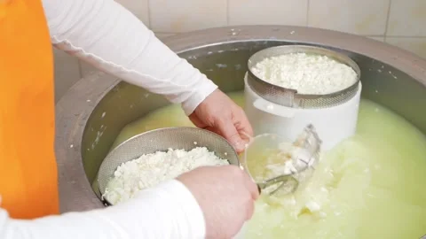 Man makes cheese, curd mass, fermentation of milk, process of producing homemade Video stock 210149047